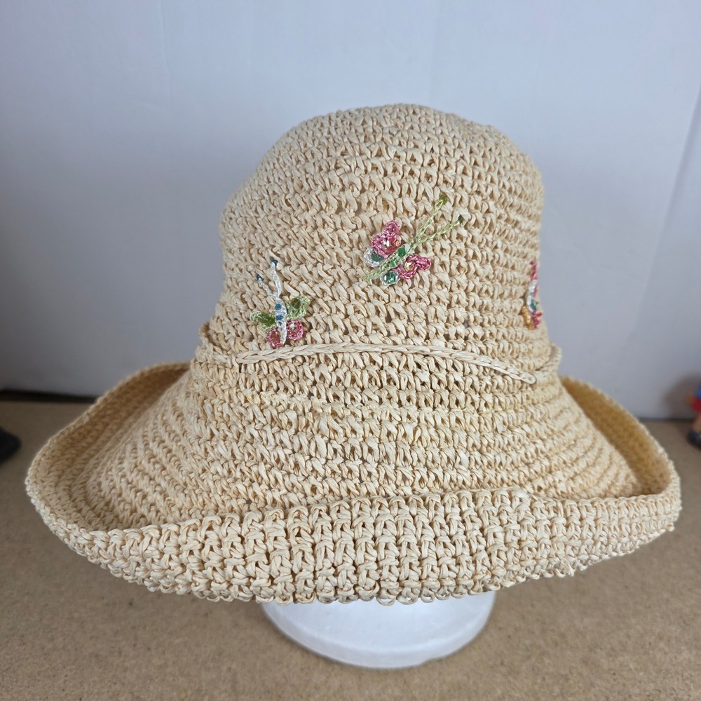 Vntg Cappelli‎ Straworld Beaded Butterfly Woven Straw Bucket Sun Hat beach